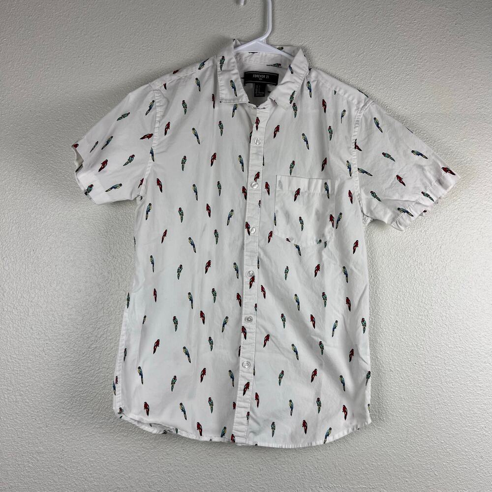 Forever 21 Men White Parrot Print Short Sleeve Button‎ Up Shirt Small